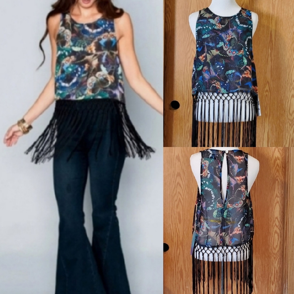 Show Me Your MuMu flirty fringe top sheer butterfly/floral polyester size M